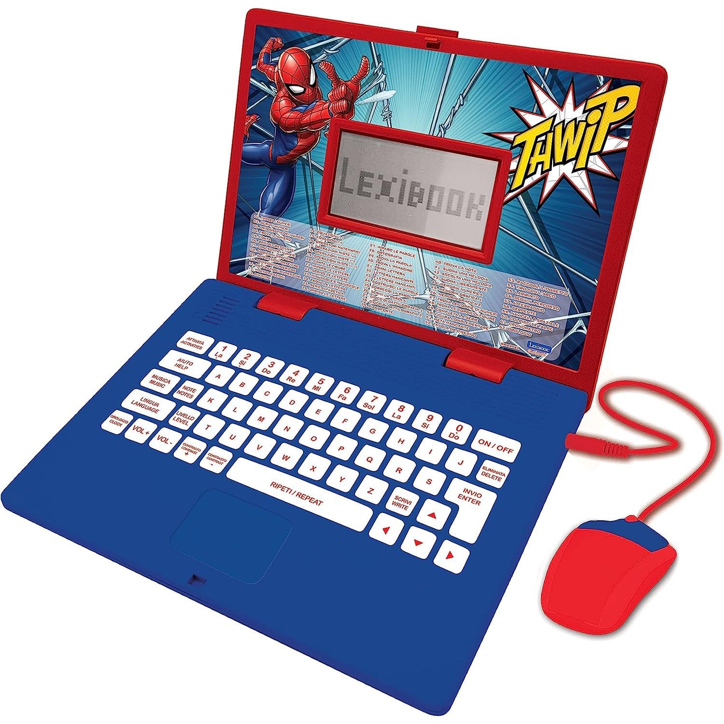 Lexibook Spider-Man Laptop educațional bilingv italiană-engleză jucărie cu 124 activități de învățare, joc și muzică 2+ ani (albastru/roșu)