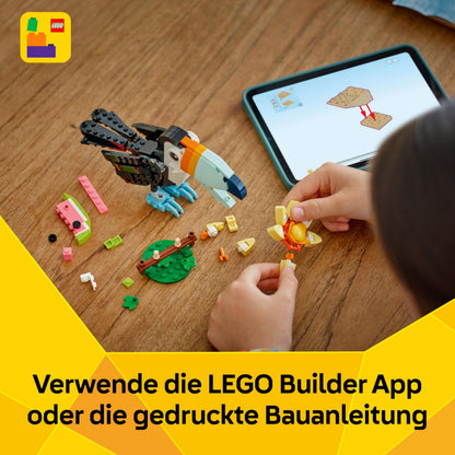 LEGO Creator Animale Sălbatice: Tucan Tropical - Jucărie 3-in-1 care se transformă în Figurina Fluture sau Pește - Jucărie Creativă - Cadou pentru Fete și Băieți de la 7 Ani 31173