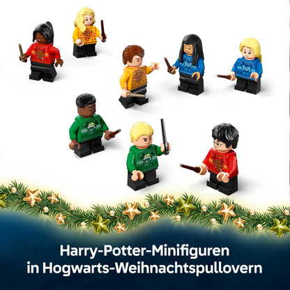 LEGO Harry Potter Adventskalender 2025 Set de construcție cu 278 piese și 8 minifigurine în pulovere festive pentru copii de la 7 ani