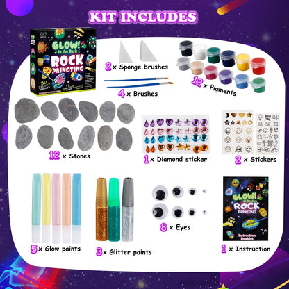 Set de pietre de pictat, kit de craft pentru copii 5-10 ani, cadou pentru fete 6-12 ani, 12 pietre de pictat cu 20 de culori (culori care strălucesc în întuneric)