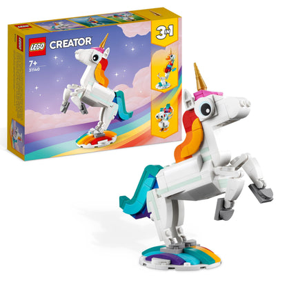 LEGO Creator 3-in-1 Unicorn Magic - Jucărie cu Minifigurine - Figurina de animal se transformă într-un Seahorse sau un Păun - 31140
