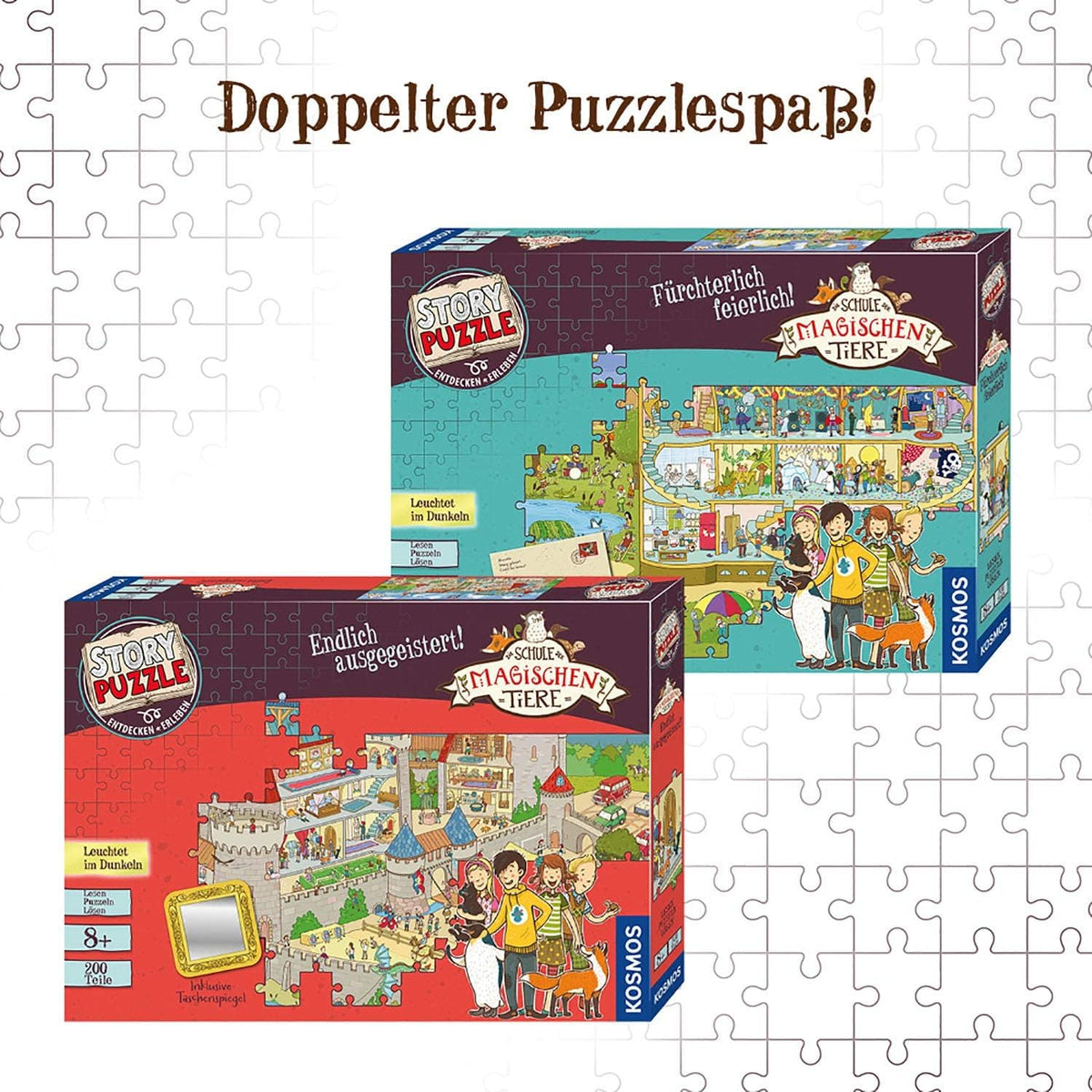 Kosmos 698737 Puzzle de poveste Școala animalelor magice 200 piese cu efect fosforescent de la 8 ani