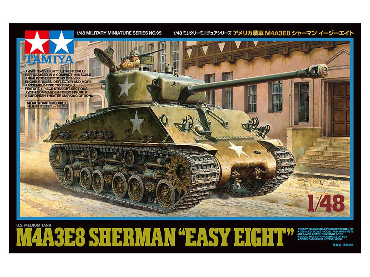 TAMIYA 32595 - 1:48 US M4A3E8 Sherman Easy Eight, Tanc kit plastic necolorat pentru modelism, hobby și bricolaj