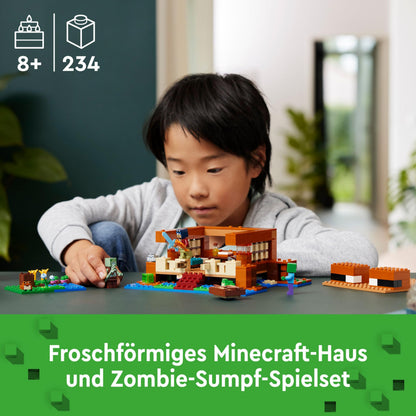 LEGO Minecraft 21256 Set de construcție Casă Broscuță cu barcă, figurine animale și accesorii, 400 piese, de la 8 ani
