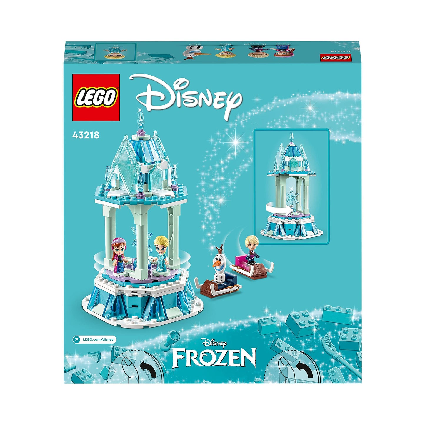 LEGO Disney Princess - Caruselul magic al Annei și Elsei, jucărie inspirată de Palatul de Gheață Frozen, cu 3 figurine iconice și figura lui Olaf 43218
