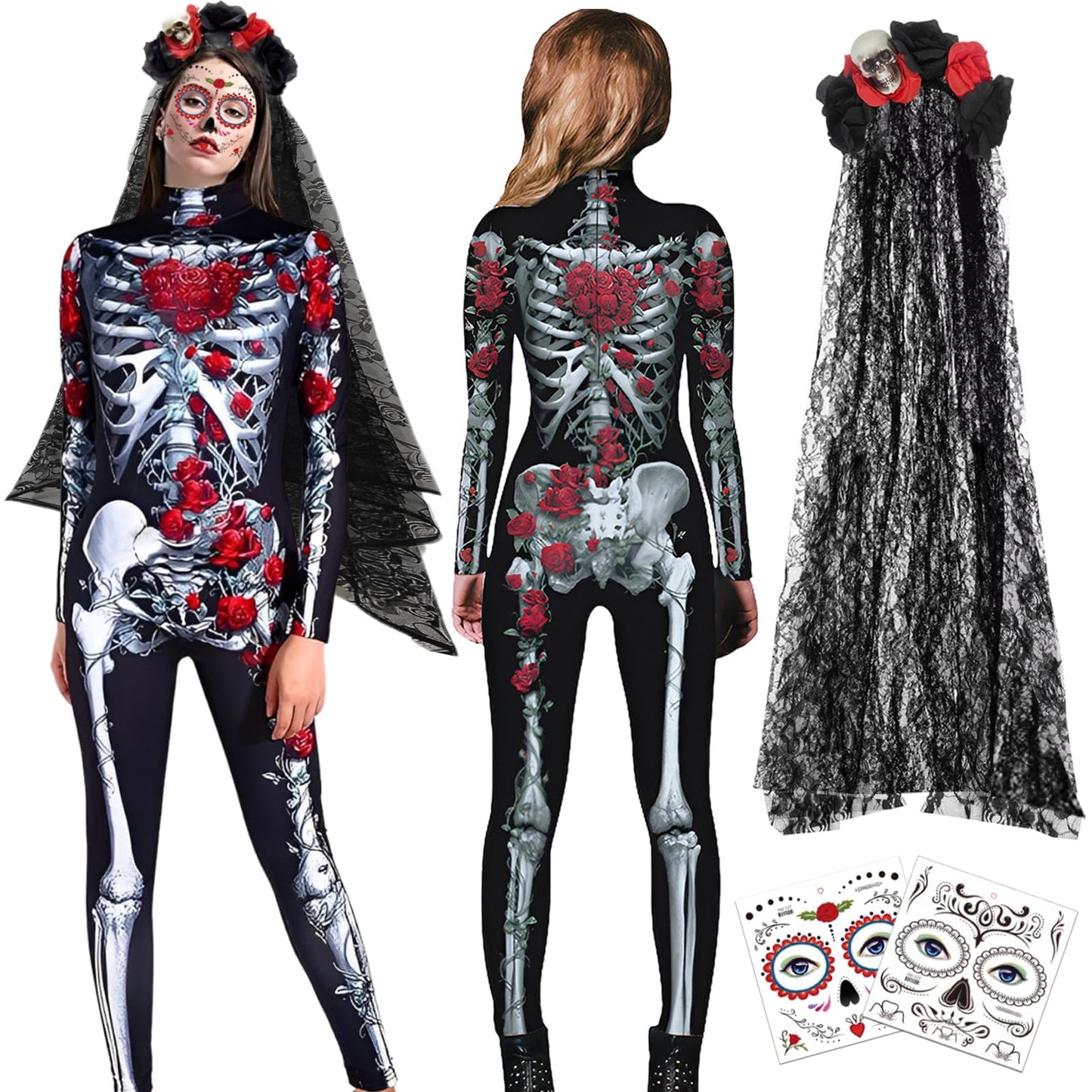 Ycaaeo Costum Schelet Halloween cu Trandafir