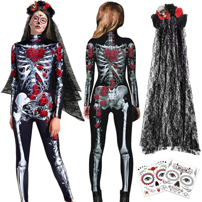 Ycaaeo Costum Schelet Halloween cu Trandafir