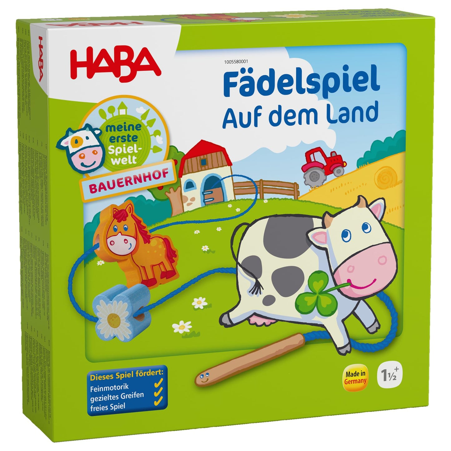HABA 5580 - Prima mea lume de joc Ferma, joc de șnuruit pe teme de fermă, joc educativ și jucărie motrică pentru copii de la 18 luni, jucărie din lemn.
