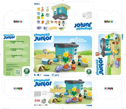 PLAYMOBIL JUNIOR | Adăpost pentru animale cu distribuitor de hrană | jucărie ecologică din plastice biobazate | pentru copii de la 1 an | 71690