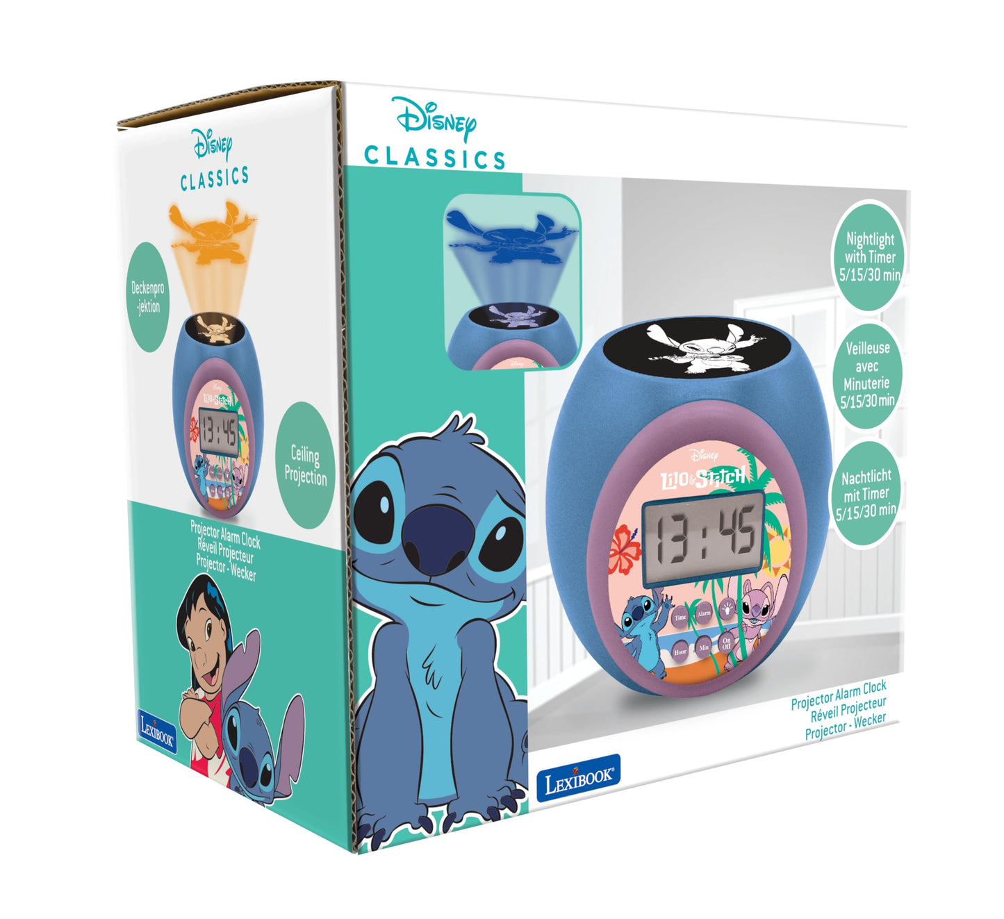 Ceas de proiecție Lexibook Disney Stitch cu funcție de alarmă și snooze, lumini de noapte cu timer, ecran LCD, funcționează pe baterii, albastru, RL977D