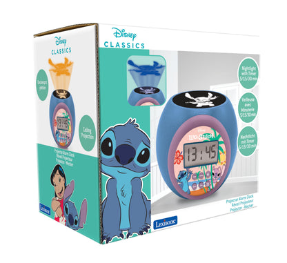 Ceas de proiecție Lexibook Disney Stitch cu funcție de alarmă și snooze, lumini de noapte cu timer, ecran LCD, funcționează pe baterii, albastru, RL977D