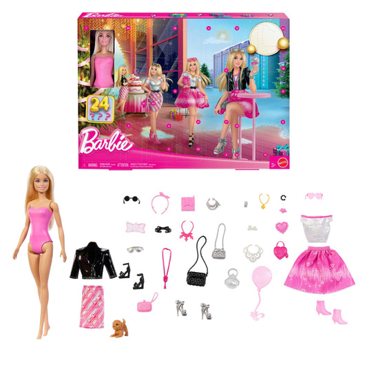 Barbie JFL63 Set de joacă Advent cu 24 piese vestimentare și accesorii, păpușă blondă și cățeluș, de la 3 ani