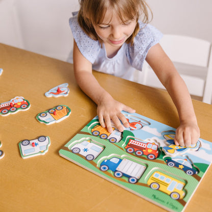 Puzzle din lemn cu vehicule Melissa & Doug – Jucărie interactivă pentru învățare, cadou educativ pentru copii de 2 ani și mai mari