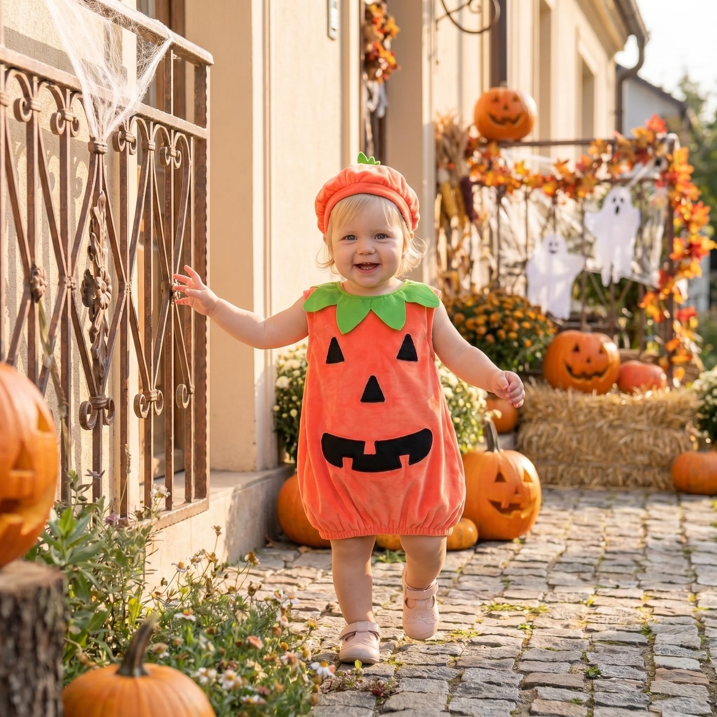 Carolilly Set costum Halloween bebeluși, dovleac, drăguț, pentru băieți și fete, mărime 80 cm, portocaliu