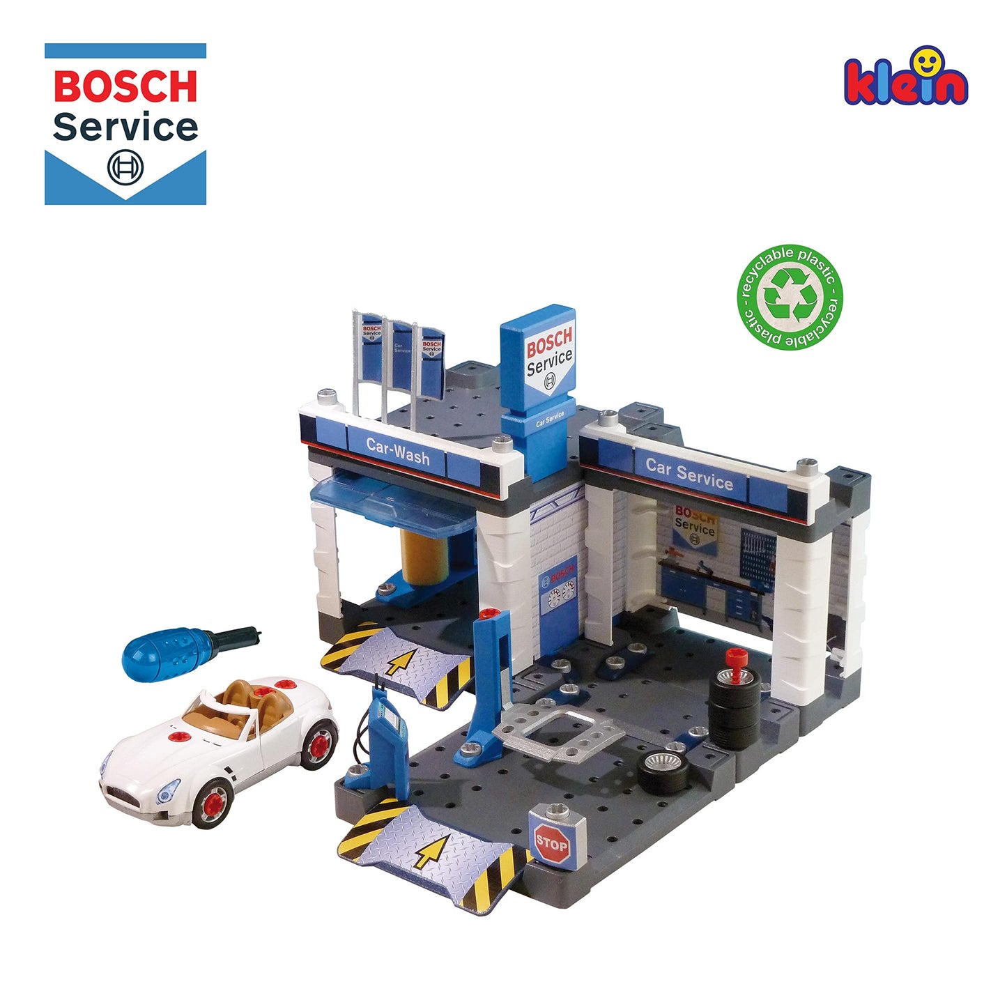Stație de Service Bosch Theo Klein 8647 | Cu spălătorie și platformă ridicătoare ajustabilă | Include mașină demontabilă | Dimensiuni: 41 cm x 39 cm x 29 cm | Jucărie pentru copii de la 3 ani