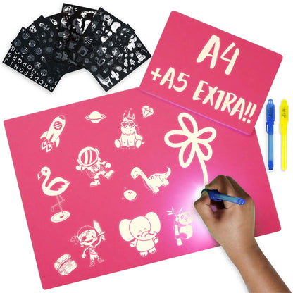 BONNYCO Tablă Desen Magic UV, A4+A5, 6 șabloane, roz
