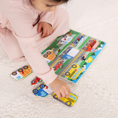 Puzzle din lemn cu vehicule Melissa & Doug – Jucărie interactivă pentru învățare, cadou educativ pentru copii de 2 ani și mai mari