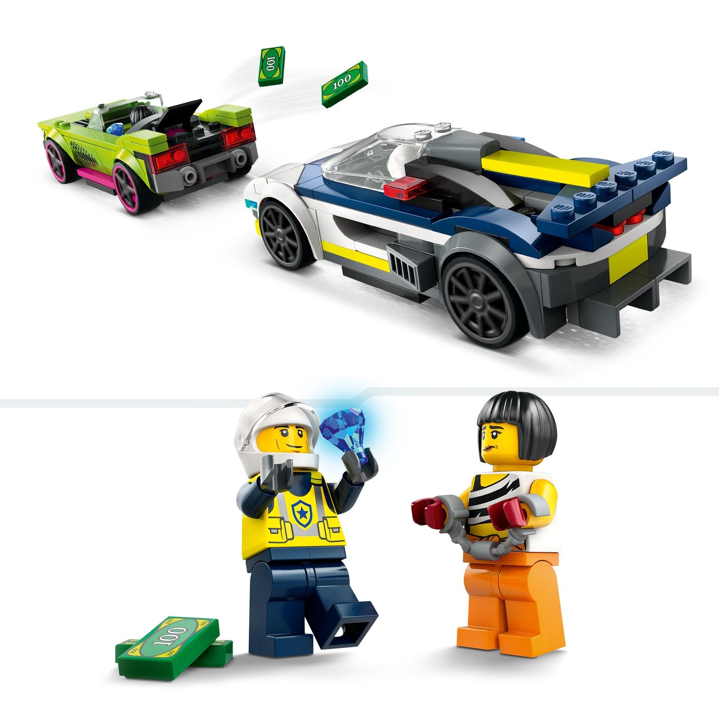LEGO City 60415 Set de construcție cu mașină de poliție și muscle car, 213 piese, de la 6 ani