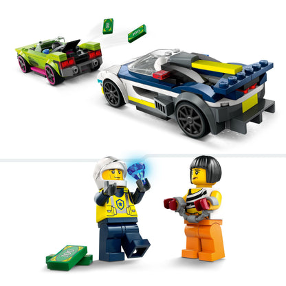 LEGO City 60415 Set de construcție cu mașină de poliție și muscle car, 213 piese, de la 6 ani
