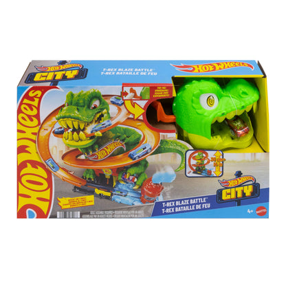 Hot Wheels Set pistă T-Rex, mașină pompieri 1:64, 45 cm