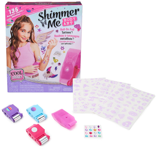 Cool MAKER Studio de Tatuaje Shimmer Me - Creează tatuaje strălucitoare cu folii metalice, cu 135 de modele de tatuaje și pietre decorative, pentru copii de la 7 ani.