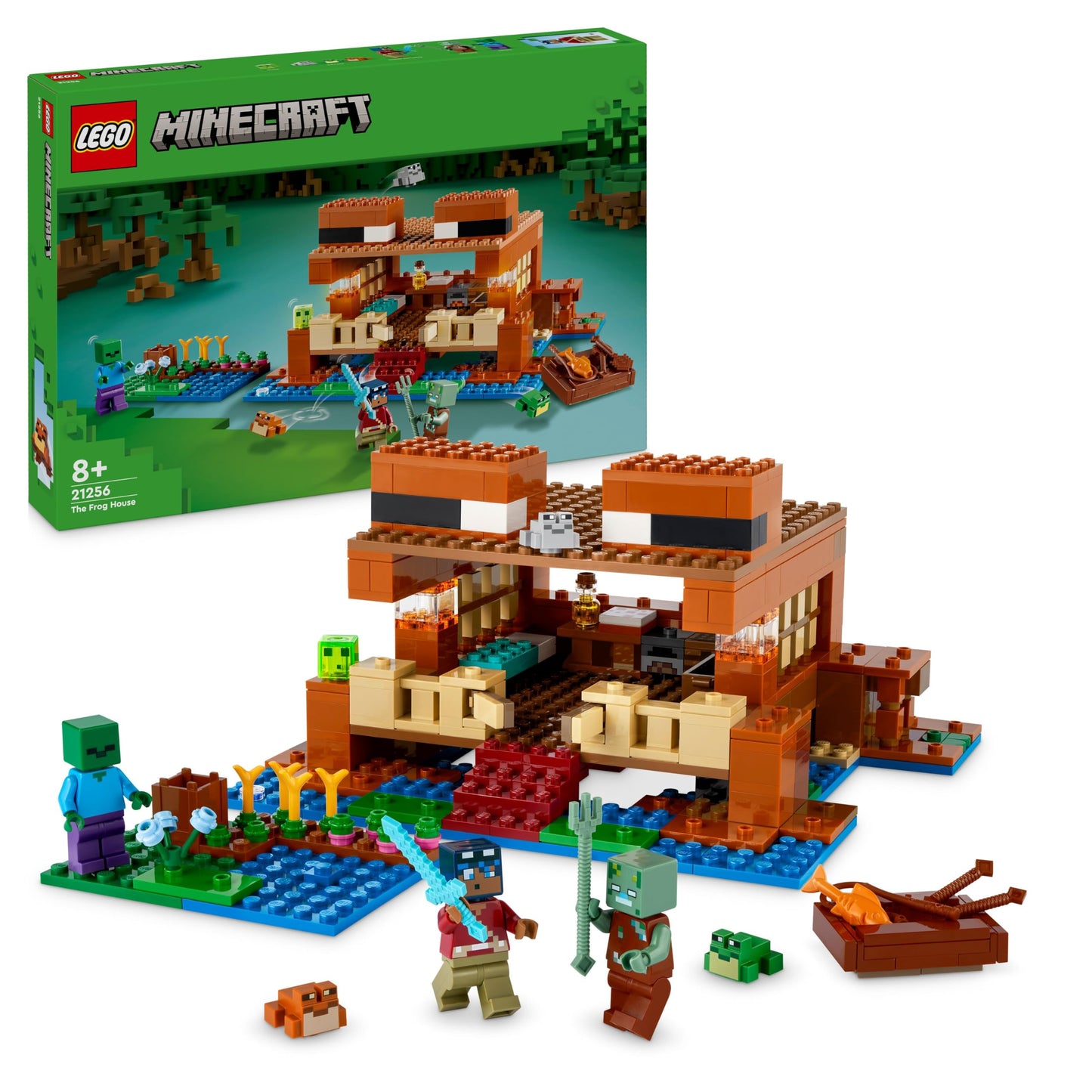 LEGO Minecraft 21256 Set de construcție Casă Broscuță cu barcă, figurine animale și accesorii, 400 piese, de la 8 ani