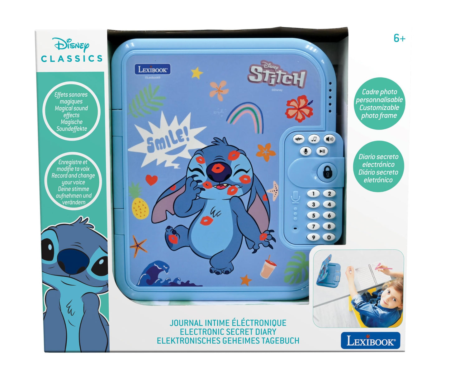 Jurnal electronic Lexibook Disney Stitch cu stilou și caiet, interactiv, protejat prin parolă, funcții distractive, efecte sonore, albastru, SD50D