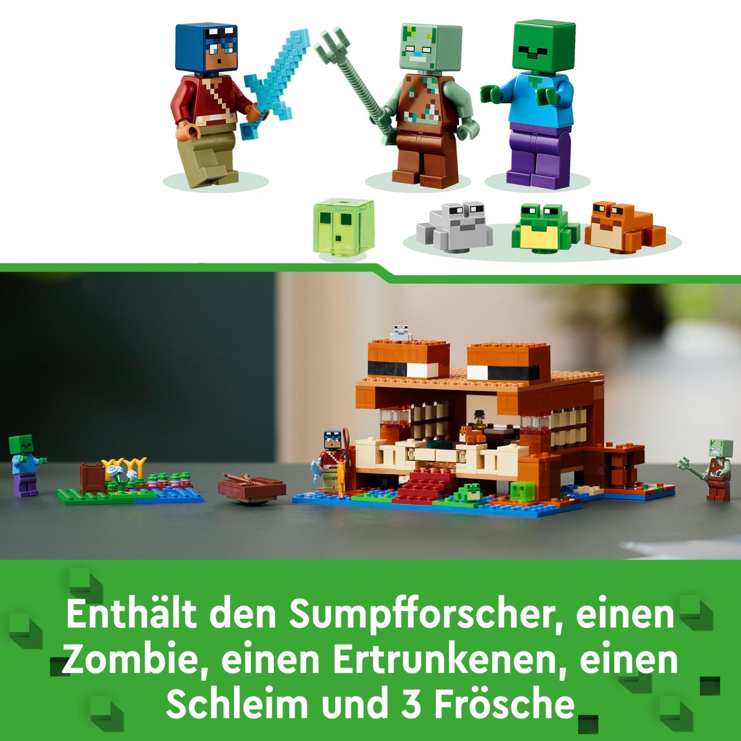 LEGO Minecraft 21256 Set de construcție Casă Broscuță cu barcă, figurine animale și accesorii, 400 piese, de la 8 ani