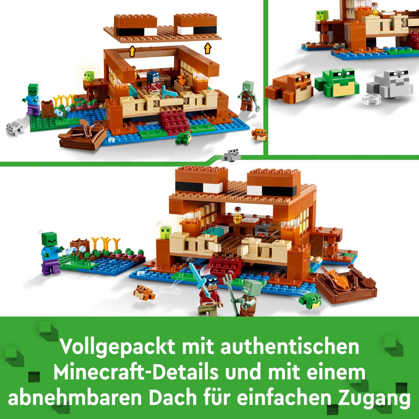 LEGO Minecraft 21256 Set de construcție Casă Broscuță cu barcă, figurine animale și accesorii, 400 piese, de la 8 ani