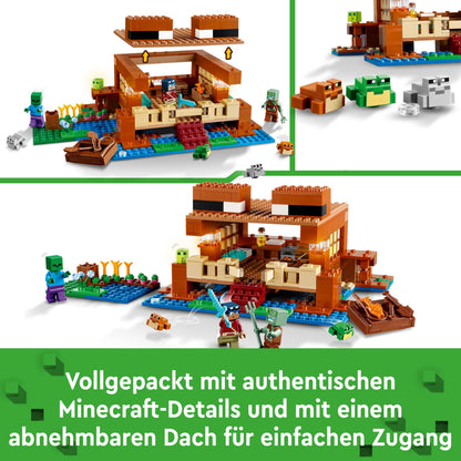 LEGO Minecraft 21256 Set de construcție Casă Broscuță cu barcă, figurine animale și accesorii, 400 piese, de la 8 ani