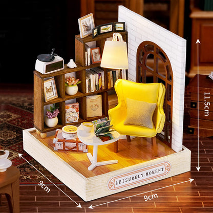 Cuteefun DIY Casa de Păpuși Miniaturală pentru Începători, Casa de Păpuși Miniaturală de Construit, Kit de Miniaturi cu Unelte, Set de Crafting pentru Casuțe din Lemn (Moment Confortabil)