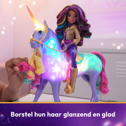 Academia Unicornilor - Sophia și Magia Luminii Wildstar - Unicorn de 28 cm cu efecte de lumină și sunet și păpușă de 24 cm complet mobilă, inspirată de seria Netflix, pentru copii de la 4 ani.