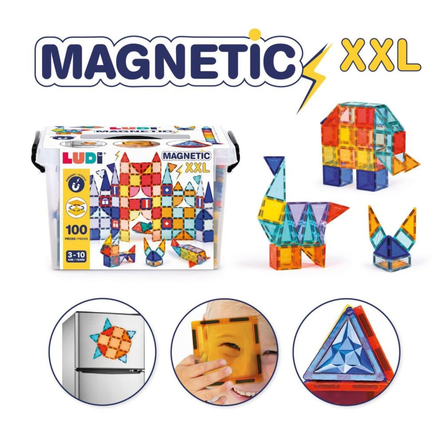 LUDI Magnetische XXL Set de construcție 3D cu 100 piese magnetice pentru copii de la 3 ani