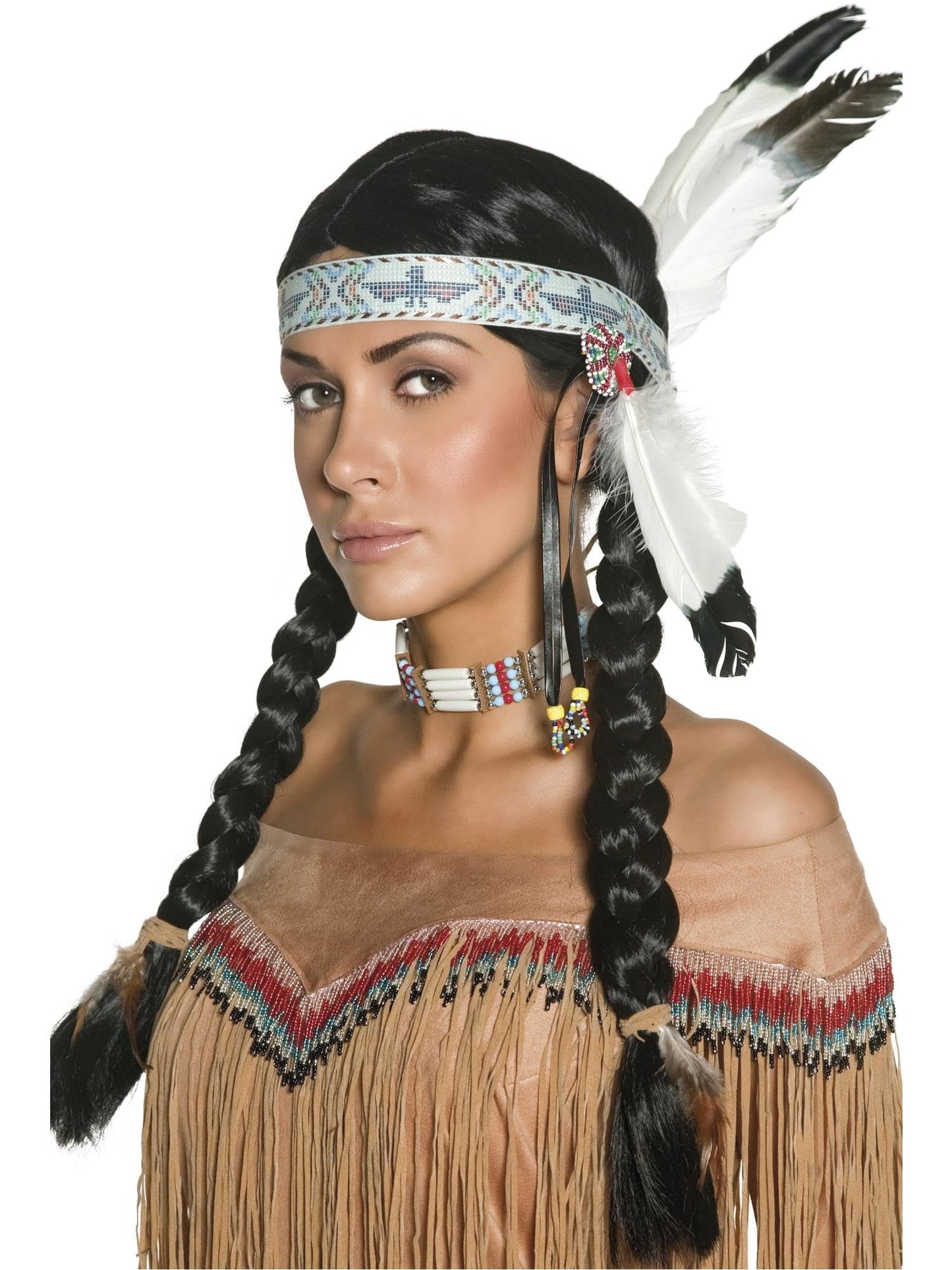 Peruca indiană Smiffys inspirată de americanii nativi, cu împletituri și bandă cu pene pentru Halloween și carnaval.