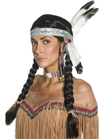 Peruca indiană Smiffys inspirată de americanii nativi, cu împletituri și bandă cu pene pentru Halloween și carnaval.
