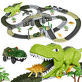 TUMAMA P01 Set de joacă cu tren de dinozauri Piste flexibile cu 281 piese, 4 dinozauri și 2 mașinuțe electrice cu lumini pentru copii 3-6 ani