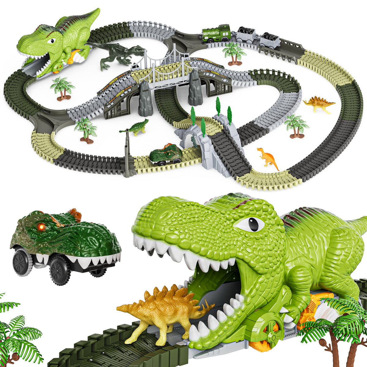 TUMAMA P01 Set de joacă cu tren de dinozauri Piste flexibile cu 281 piese, 4 dinozauri și 2 mașinuțe electrice cu lumini pentru copii 3-6 ani