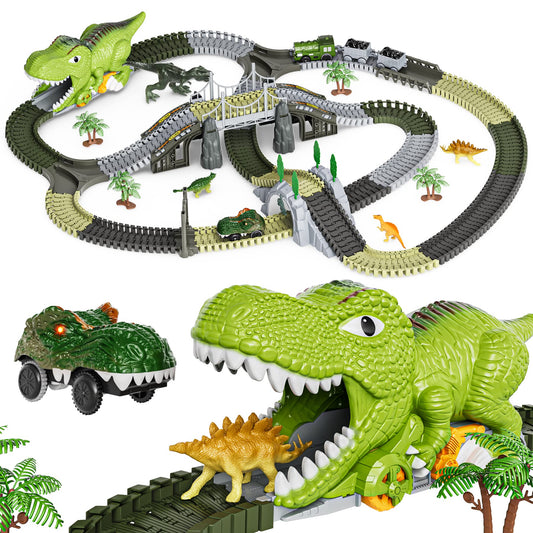 TUMAMA P01 Set de joacă cu tren de dinozauri Piste flexibile cu 281 piese, 4 dinozauri și 2 mașinuțe electrice cu lumini pentru copii 3-6 ani