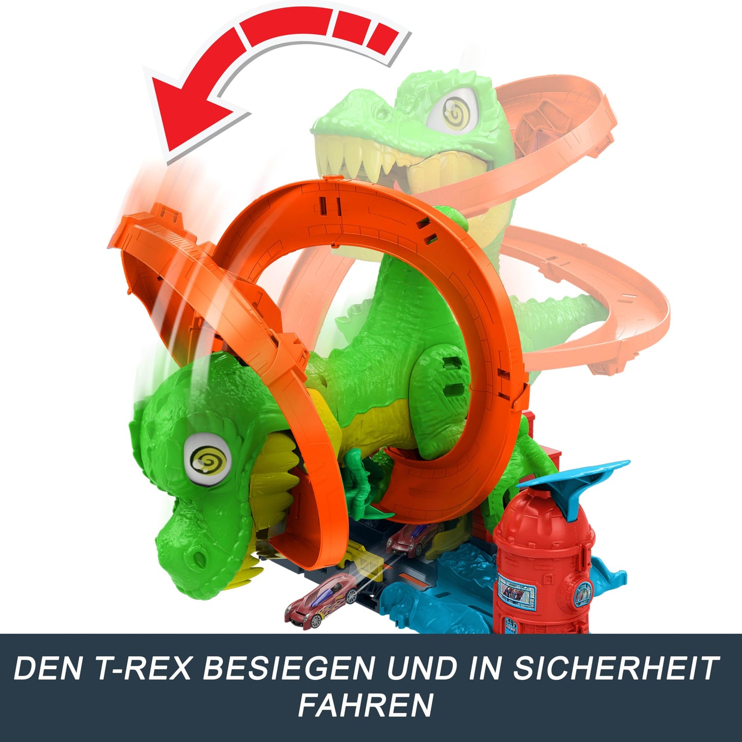 Hot Wheels Set pistă T-Rex, mașină pompieri 1:64, 45 cm