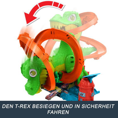Hot Wheels Set pistă T-Rex, mașină pompieri 1:64, 45 cm