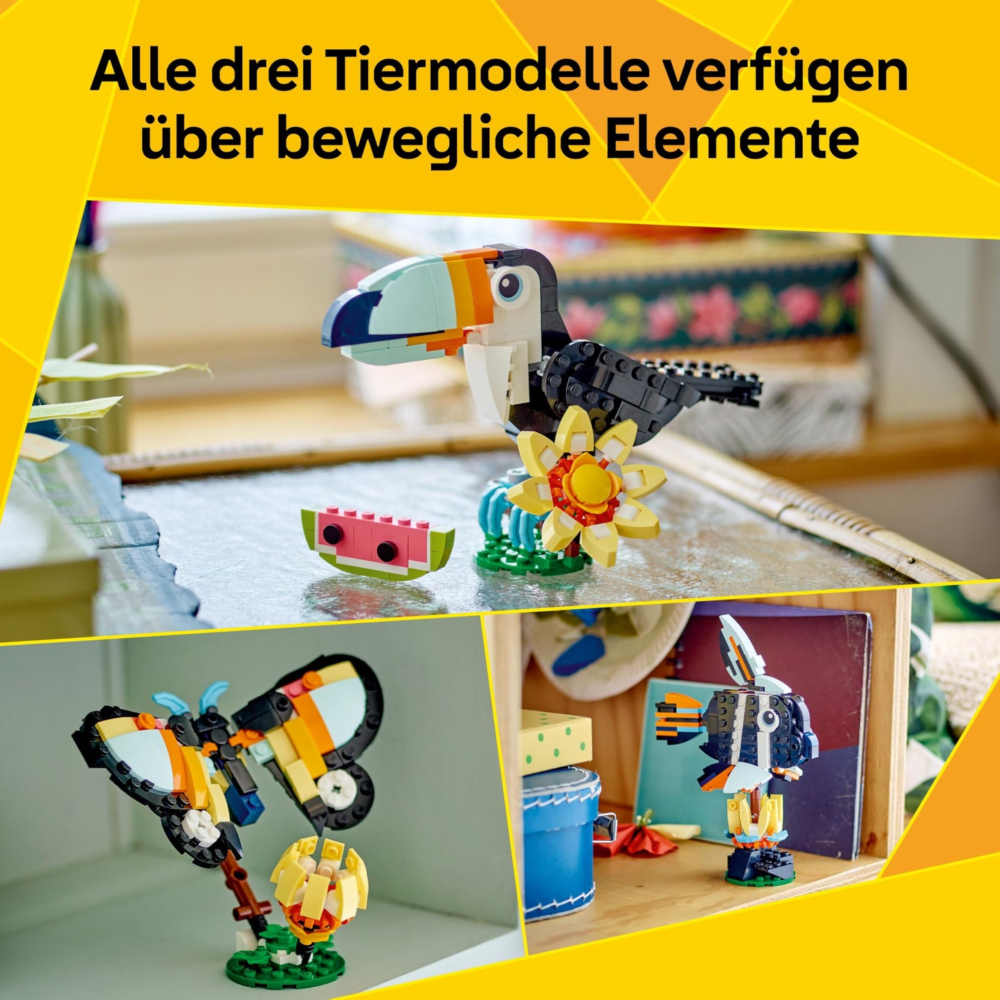 LEGO Creator Animale Sălbatice: Tucan Tropical - Jucărie 3-in-1 care se transformă în Figurina Fluture sau Pește - Jucărie Creativă - Cadou pentru Fete și Băieți de la 7 Ani 31173