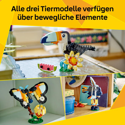 LEGO Creator Animale Sălbatice: Tucan Tropical - Jucărie 3-in-1 care se transformă în Figurina Fluture sau Pește - Jucărie Creativă - Cadou pentru Fete și Băieți de la 7 Ani 31173
