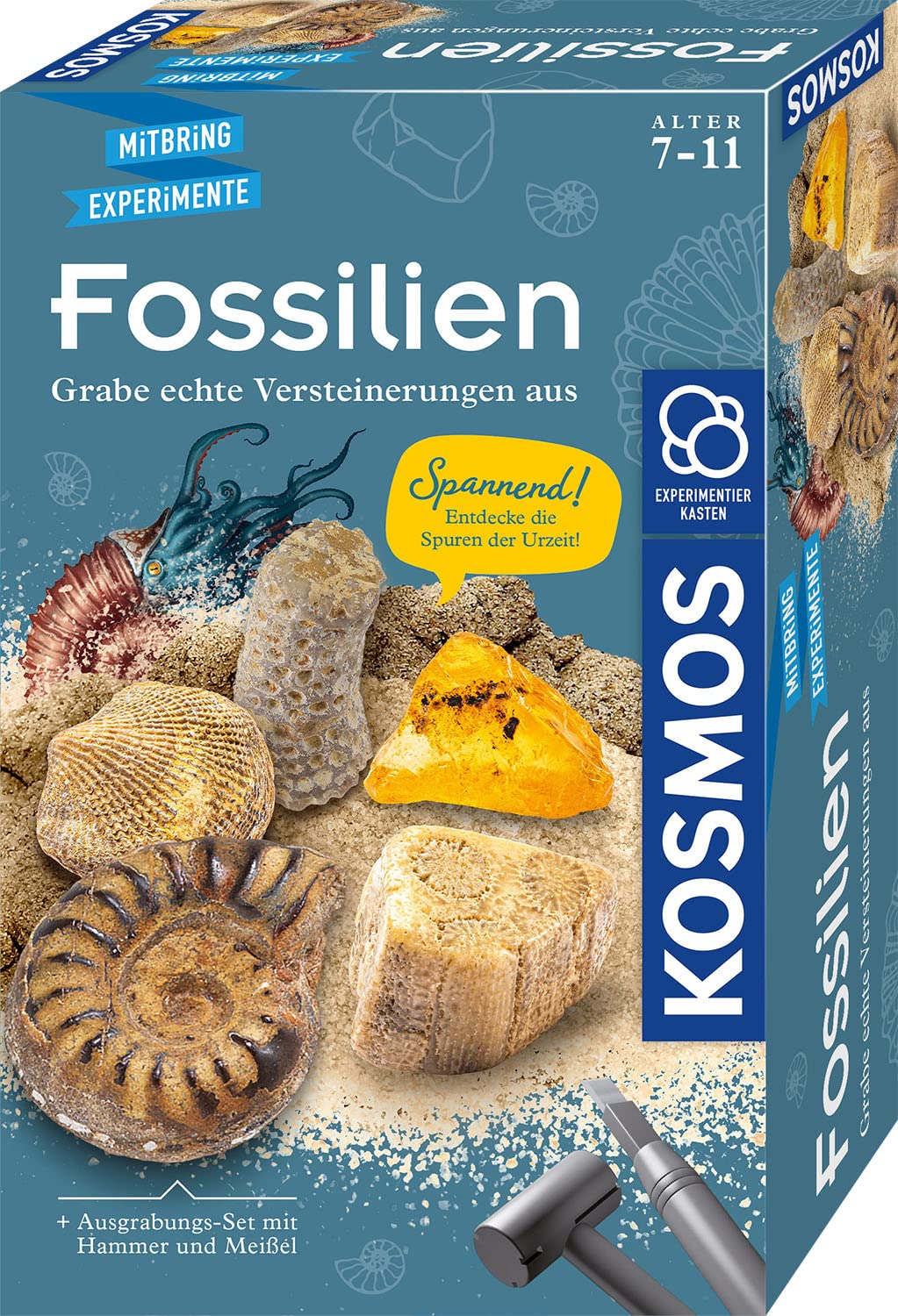 Set de Excavare Fosile KOSMOS 657918, Descoperă Versteinerări și Chihlimbar cu Ciocan și Dălti, Experiment pentru Copii de la 7 Ani