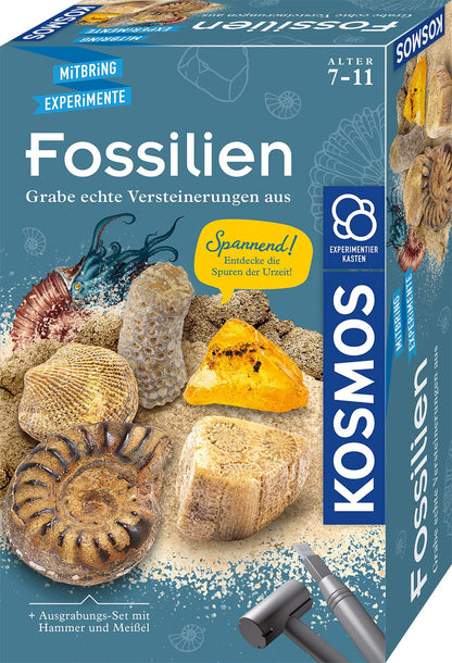 Set de Excavare Fosile KOSMOS 657918, Descoperă Versteinerări și Chihlimbar cu Ciocan și Dălti, Experiment pentru Copii de la 7 Ani