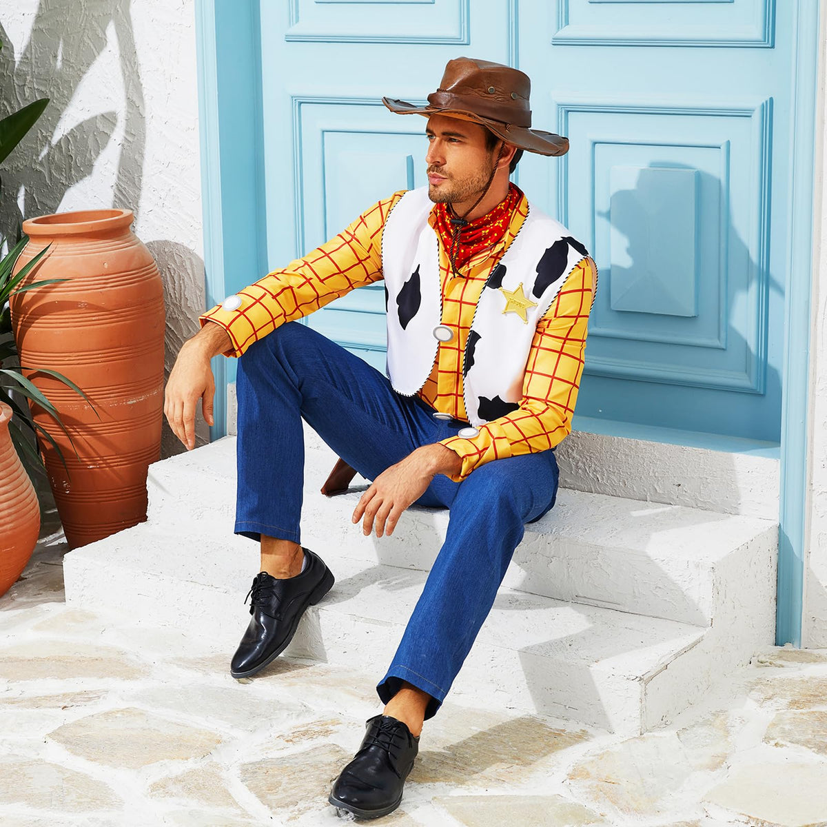 AYYOHON Woody Set costum cowboy șerif pentru adulți cu pălărie și accesorii L