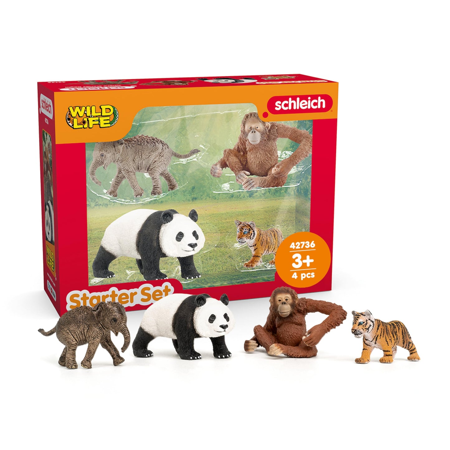 Schleich WILD LIFE Asien Set de pornire cu 4 piese cu elefant, panda, tigru și maimuță cu braț mobil pentru copii de la 3 ani