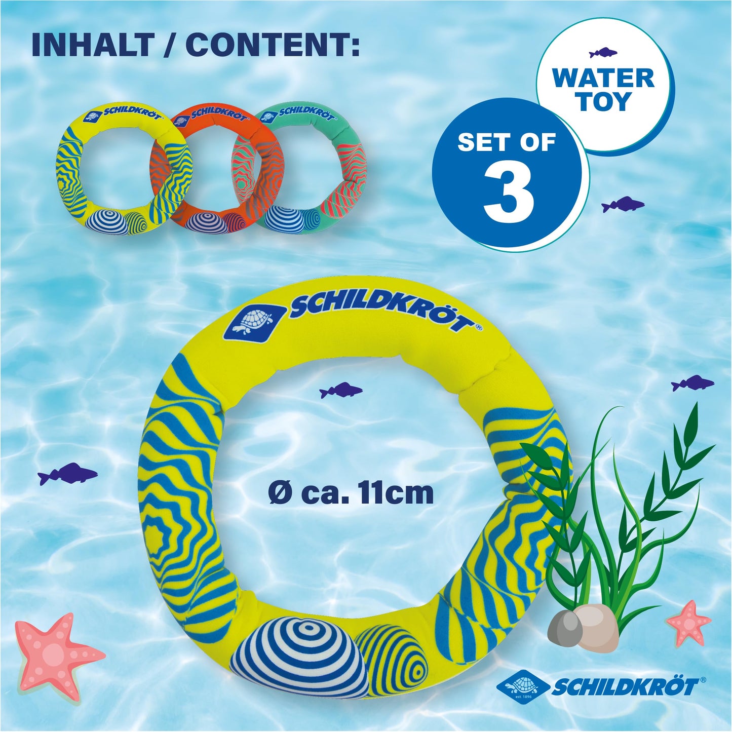 Ineluri de scufundare din neopren Schildkröt - 3 bucăți, Ø 14 cm, jucărie acvatica pentru copii, umplute cu nisip, stau vertical pe fund.
