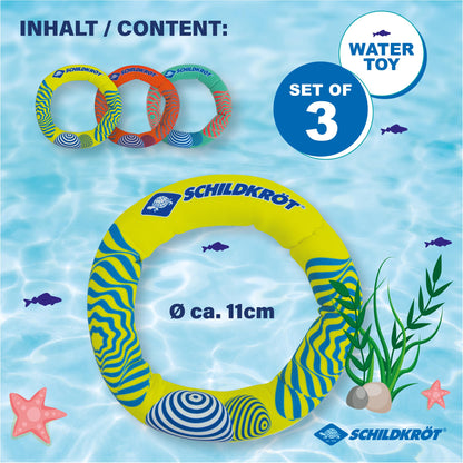 Ineluri de scufundare din neopren Schildkröt - 3 bucăți, Ø 14 cm, jucărie acvatica pentru copii, umplute cu nisip, stau vertical pe fund.