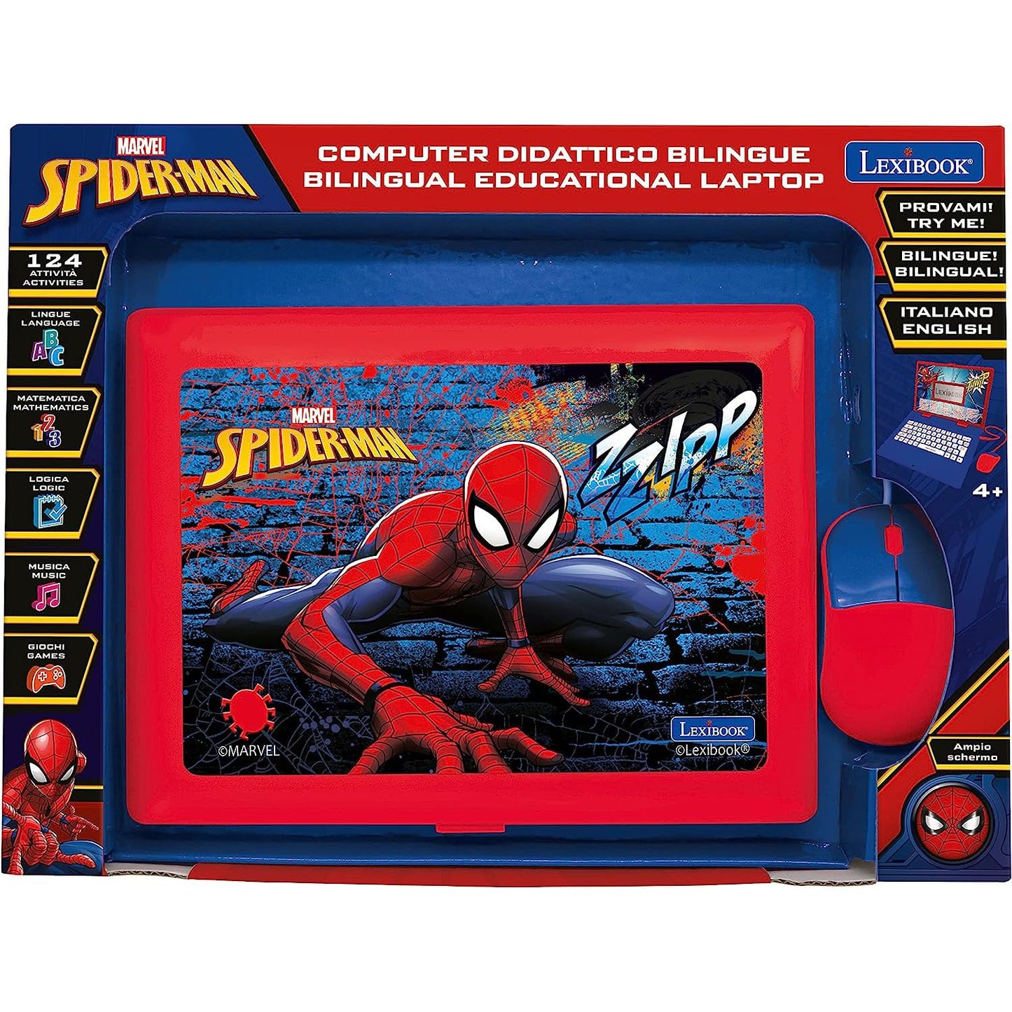 Lexibook Spider-Man Laptop educațional bilingv italiană-engleză jucărie cu 124 activități de învățare, joc și muzică 2+ ani (albastru/roșu)