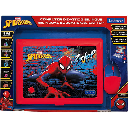 Lexibook Spider-Man Laptop educațional bilingv italiană-engleză jucărie cu 124 activități de învățare, joc și muzică 2+ ani (albastru/roșu)